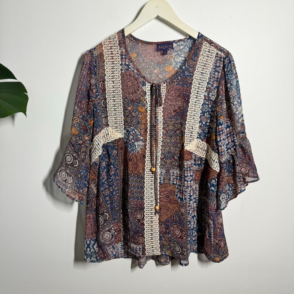 Artesia Top Women L Brown Blue Patchwork Floral Lace Boho Bell 3/4 Sleeve Blouse